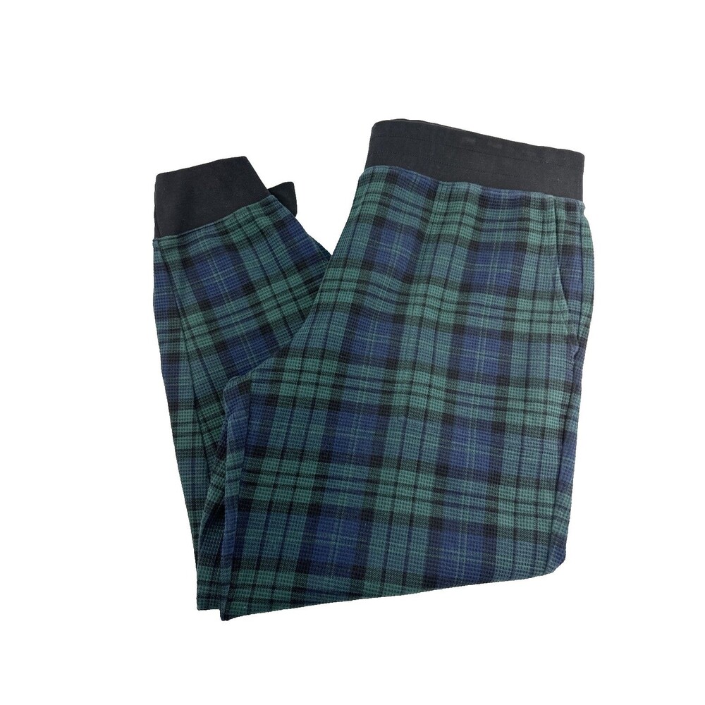 Lands End Green‎ Blue Plaid Waffle Lounge Pants Pockets Jogger Pull On Womens L
